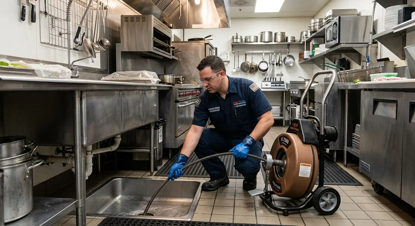 Commercial drain cleaning service in a restaurant kitchen in Niles